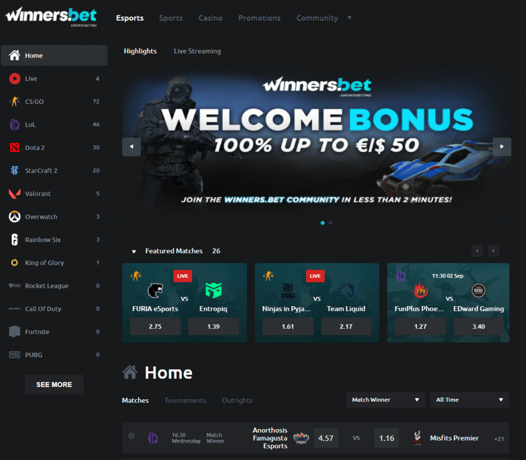Winners.bet eSports Betting Review I Bonuses and Odds for eSport